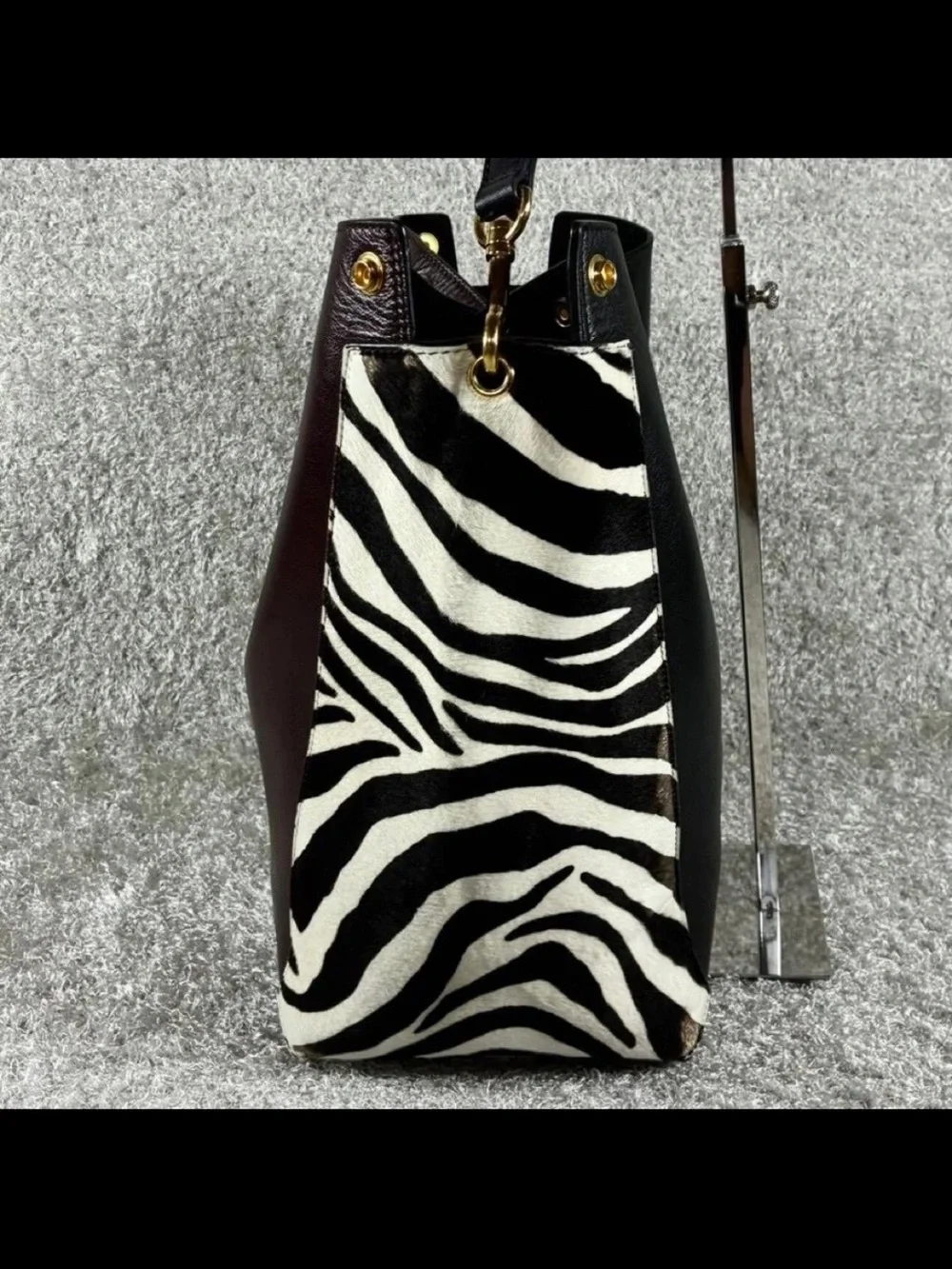 Mulberry Black Leather Shoulder Bag with Zebra-Print Panels